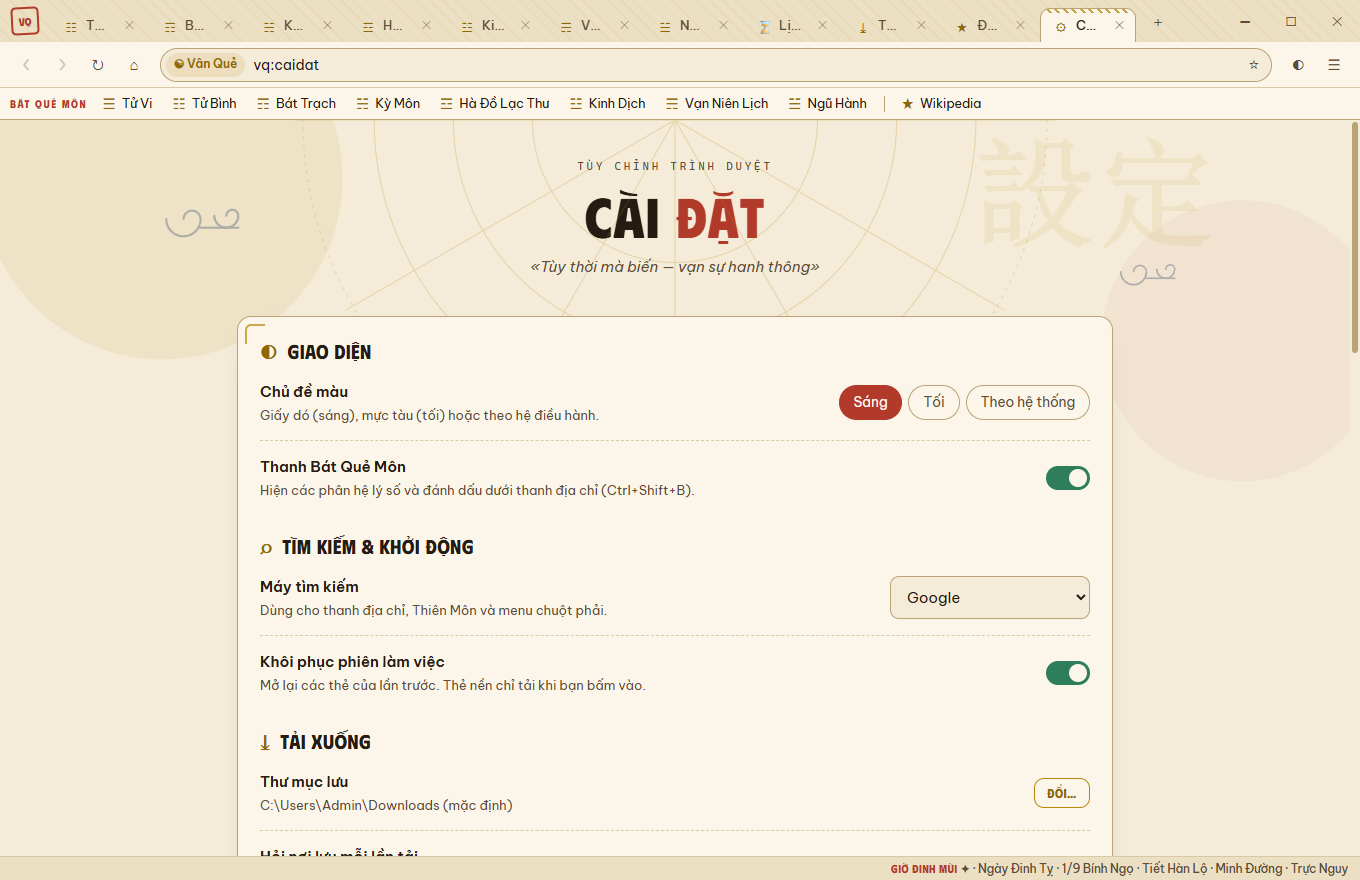 Trang cài đặt của Vân Quẻ