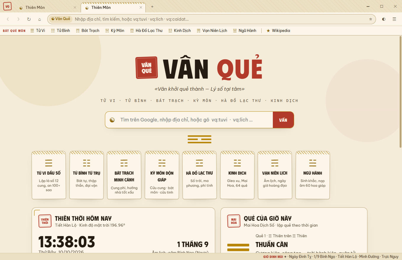 Trang Thiên Môn của Vân Quẻ: ô tìm kiếm, tám phân hệ lý số và thiên thời hôm nay
