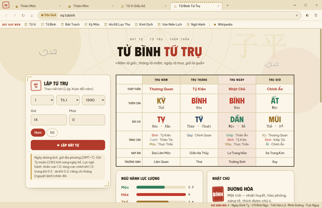 Bảng Tử Bình Tứ Trụ trong Vân Quẻ